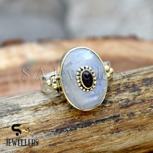 Natural Moonstone Ring: 925 Sterling Silver, Garnet Inlaid Ring