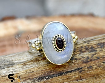 Natural Moonstone Ring, 925 Sterling Silver Ring, Moonstone and Garnet Ring, Two Tone Ring Designer Inlaid Ring, Hammered Ring, Gift For Her