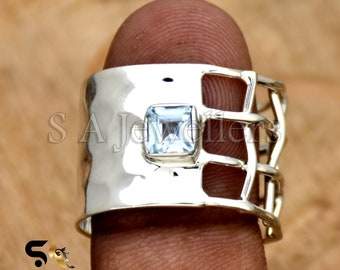 Natürlicher Blauer Topas Ring, 925 Sterling Silber Ring, Handgemachter Ring, Breite Band Ring, Dezember Geburtsstein, Gehämmert Ring, Handgemachter Schmuck