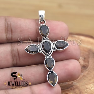 Smoky Quartz Cross Pendant: 925 Sterling Silver, Handmade