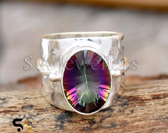 Anillo de topacio místico ovalado: anillo llamativo de plata de ley 925