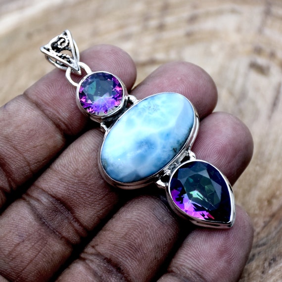 ラリマーミスティックトパーズペンダント：ハンドメイドスターリング