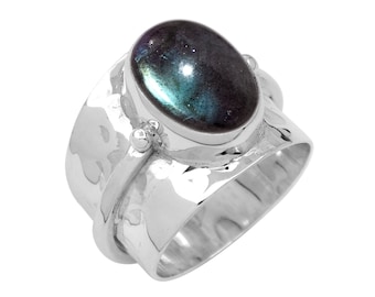 Oval Labradorite Sterling Silver Ring, Hammered Wide Band