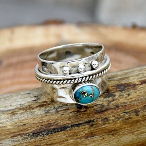 Türkis Ring, 925 Sterling Silber Ring, handgemachter Ring, Blauer Türkis Ring, Spinner Ring, breites Silberband, Daumen Ring Geschenk für sie
