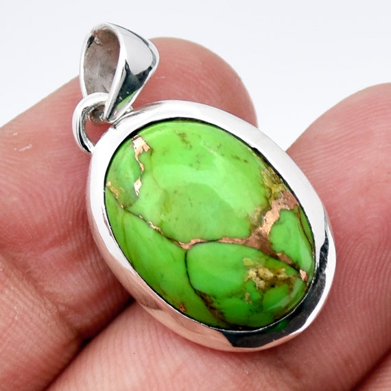 Handmade Green Copper Turquoise Pendant: Sterling Silver Boho Statement