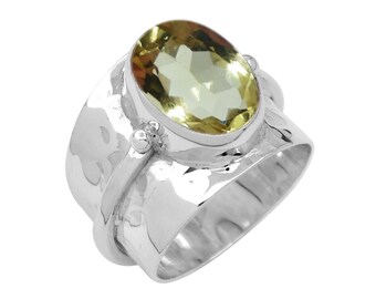 Bague quartz citron naturel, pierre jaune Argent sterling massif 925. Bague large bande, bague en pierres précieuses véritables, bague en pierres précieuses de citron à facettes,