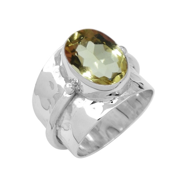 Natural Lemon Quartz Ring, Yellow stone ring  Solid 925 sterling silver. Wide band ring, Genuine Gemstone Ring, Faceted Lemon gemstone ring,