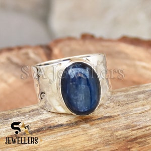 Blue Kyanite Sterling Silver Ring: Handmade Hammered Band
