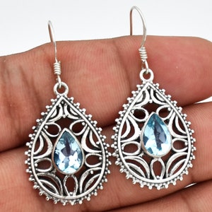 Blue Topaz Drop Earrings: Handmade 925 Sterling Silver Pear Gemstone