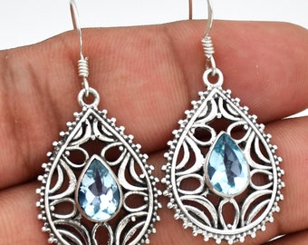 Pendientes colgantes de topacio azul: piedra preciosa en forma de pera, hechos a mano en plata de ley 925