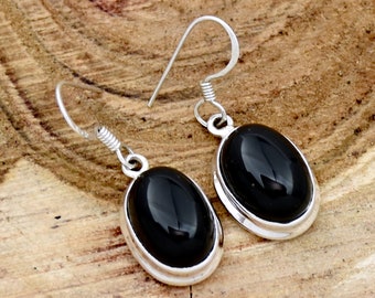 Handmade Oval Black Onyx Dangle Earrings: 925 Sterling Silver