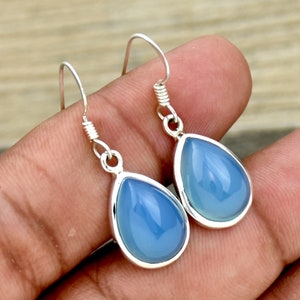 Dainty Blue Chalcedony Pear Drop Earrings: 925 Sterling Silver