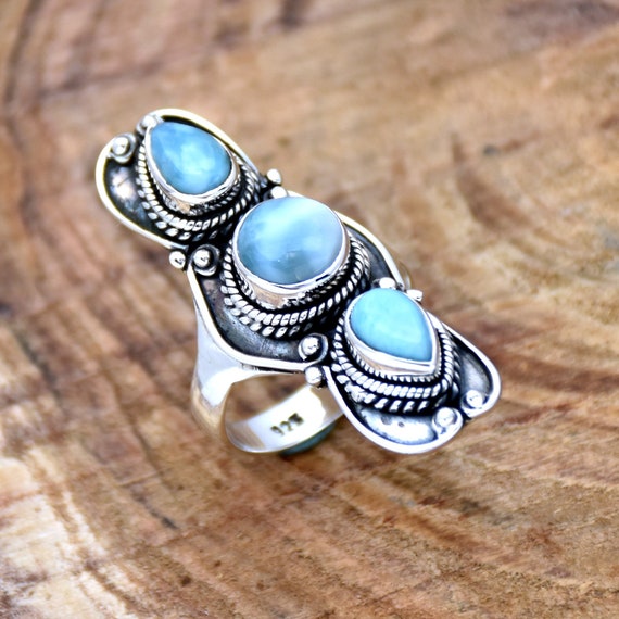 Natural Larimar Ring: Sterling Silver Three Stone Bohemian Ring