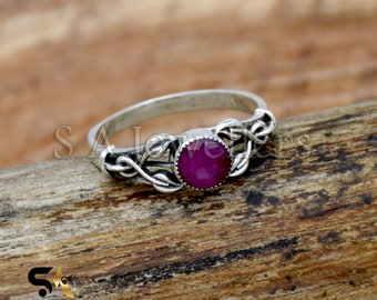 Natural Ruby Ring, 925 Sterling Silver Ring, Handmade Ring, Round Gemstone Ring Leaf Ring, Anniversary Ring, handmade Jewelry, Gift For her