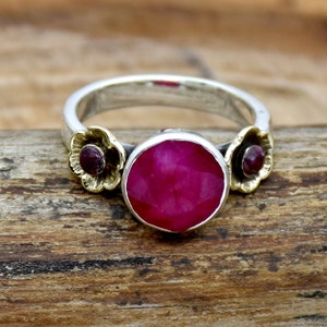Hammered Sterling Silver Indian Ruby Flower Ring