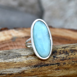 Oval Larimar Ring: Natural Gemstone, 925 Sterling Silver, Handmade