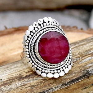 Indian Ruby Ring, 925 Sterling Silver Ring, Faceted Ruby Ring, Round Gemstone Ring, Handmade Ring Silver Boho Ring Filigree Silver Jewelry