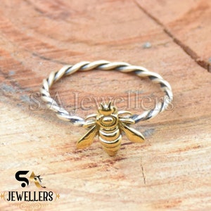Honey Bee Ring, 925 Sterling zilveren ring, tweekleurige ring, handgemaakte stapelring, gedraaide band, minimalistische ring, sierlijke ring, cadeau voor haar