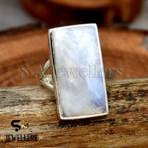 Natural Moonstone Ring: 925 Sterling Silver Baguette, White Rainbow