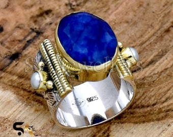 Anillo indio de zafiro y perla, anillo de zafiro azul, anillo de banda ancha, anillo texturizado de flores, anillo de dos tonos, anillo de declaración anillo de perlas de agua dulce