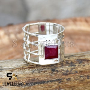 Indian Ruby Ring, 925 Sterling Silver Ring, Handmade Ring, Wide Band Ring, Wedding Ring, Hammered Ring, Anniversary Ring, Gift For Women