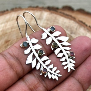 Handmade Sterling Silver Leaf Earrings: Natural Multi Tourmaline