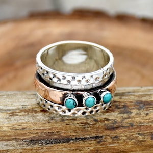 Turquoise Spinner Ring: Hammered Sterling Silver Wide Band