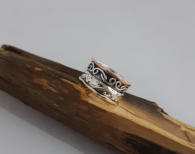 Spin Meditation Ring Wide Band Thumb Ring Silver Handmade Jewelry Handmade Silver /& Brass Ring Two Tone Ring