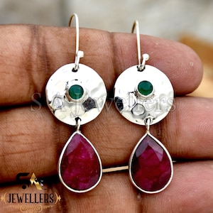 Handmade Ruby and Onyx Sterling Silver Dangle Earrings