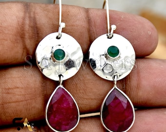 Handmade Ruby and Onyx Sterling Silver Dangle Earrings