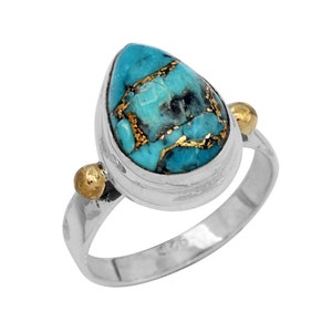 Blue Copper Turquoise Pear Ring: Sterling Silver Two-Tone Statement Ring