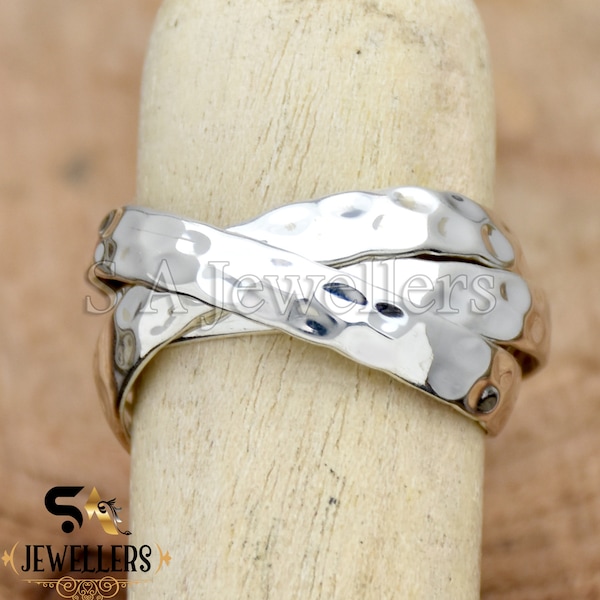 925 Sterling Silver Triple interlocked Ring, Three Rolling Ring, Multi Band Rings, Handmade Ring, Statement Ring, Hammered Ring Gift For Her