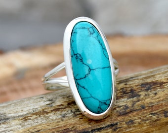 Turquoise Ring, 925 Sterling Silver Ring, Handmade Ring, Long Oval Gemstone Ring,  Statement Ring, Anniversary Ring, Handmade Jewelry