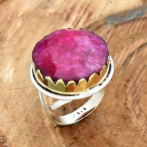 Faceted Indian Ruby Ring: Chunky Sterling Silver Two-Tone Gemstone