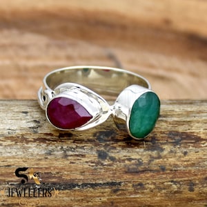 Ruby and Emerald Sterling Silver Ring - Handmade Two Stone Ring