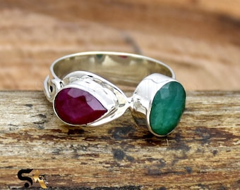 Ruby and Emerald Sterling Silver Ring - Handmade Two Stone Ring