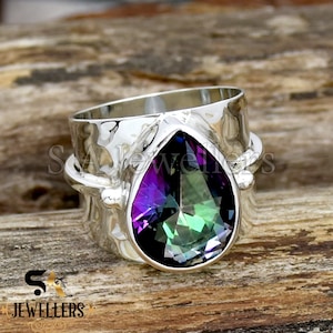 Mystic Topaz Ring: Hammered Sterling Silver Wide Band