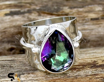 Mystic Topaz Ring, 925 Sterling Silver Ring, Wide Band Ring, Hammered Silver Ring, Gift For Her, Statement Ring, Designer Anniversary Ring