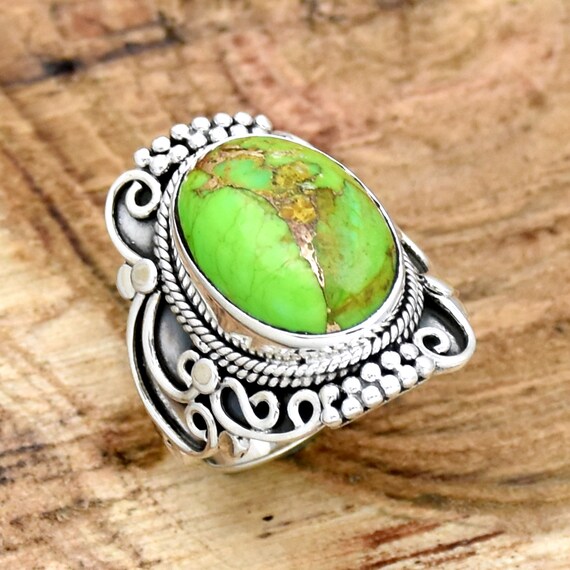 Green Copper Turquoise Ring 925 Sterling Silver Ring Handmade