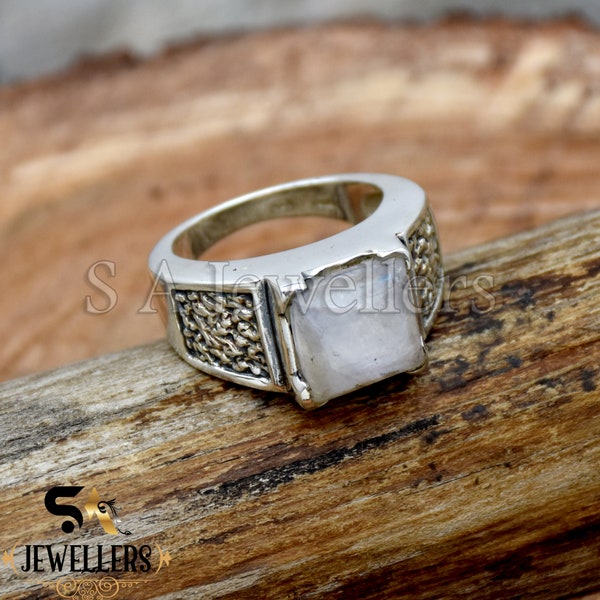 Bague en pierre de lune naturelle, bague en argent sterling 925, bague faite à la main, bague pour hommes, bague en pierre de lune carrée, bague texturée, cadeau pour lui