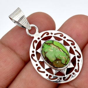 Green Copper Turquoise Pendant, 925 Sterling Silver Pendant, Handmade Filigree Pendant, Fine Jewelry, Artisan Silver Pendant, Silver Pendant
