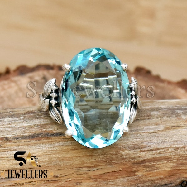 Blauer Quarz Ring, 925 Sterling Silber Ring, facettierter Quarz Ring, handgemachter Ring, Ehering, großer Stein Ring, Silber Handwerkliche Ringe für Sie