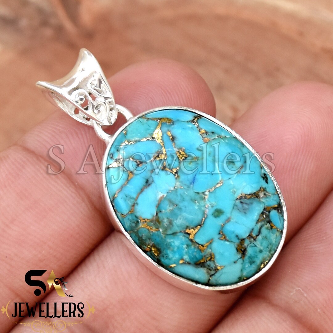 ブルーコッパーターコイズスターリングシルバーペンダント：繊細な