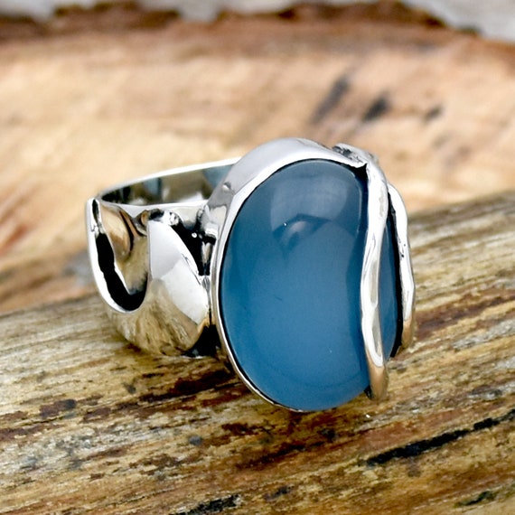 Anello In Argento Con Calcedonio Blu Naturale, Anello In - Foto 11