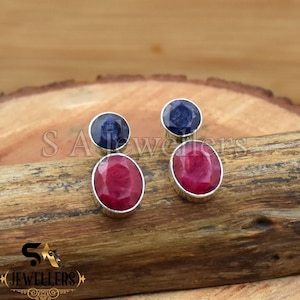 Handmade Ruby and Sapphire Sterling Silver Earrings: Artisan Wedding Jewelry