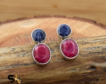 Boucles d'oreilles faites main en argent sterling avec rubis et saphirs : bijoux de mariage artisanaux