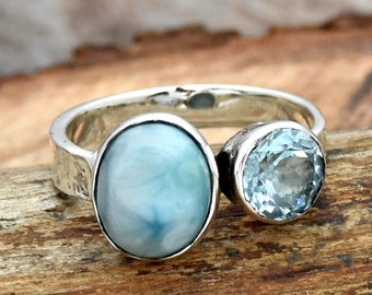 Natural Larimar Ring 925 Sterling Silver Ring Handmade Ring Larimar and Blue Topaz Ring, Hammered Ring, Multi Stones Ring, Silver Jewelry