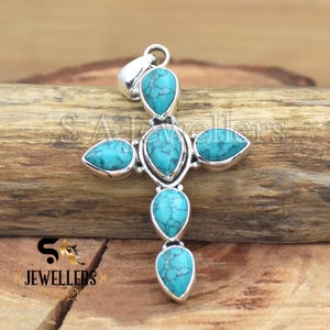 Handgemaakte turquoise kruishanger: 925 sterlingzilveren ketting