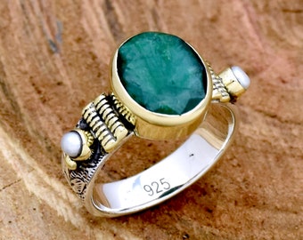 エメラルドパールリング：スターリングシルバーのツートンフラワー