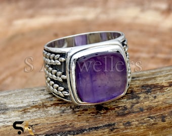 Anillo de hombre de amatista, Anillo de plata de ley 925, Anillo hecho a mano, Anillo de banda texturizada, Joyería hecha a mano, Regalo para hombres, Listo para enviar